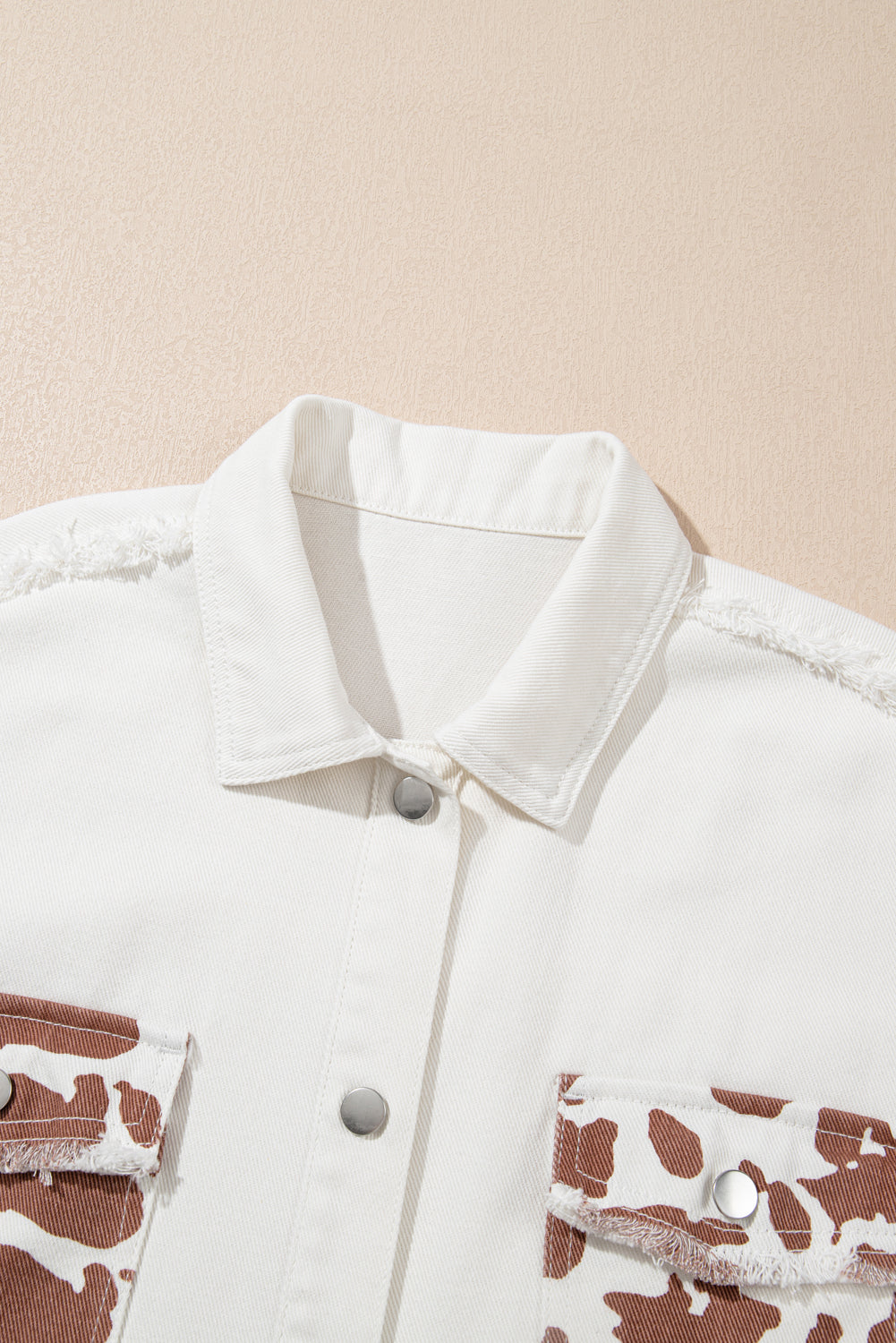 White Cow Spot Patchwork Flap Pocket Distressed Hem Long Denim Jacket Denim Jackets JT's Designer Fashion