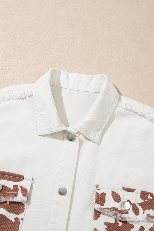 White Cow Spot Patchwork Flap Pocket Distressed Hem Long Denim Jacket Denim Jackets JT's Designer Fashion