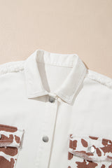 White Cow Spot Patchwork Flap Pocket Distressed Hem Long Denim Jacket Denim Jackets JT's Designer Fashion