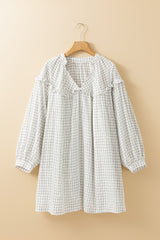 White Stripe Checkered Frilled V Neck Bracelet Sleeve Babydoll Dress Mini Dresses JT's Designer Fashion