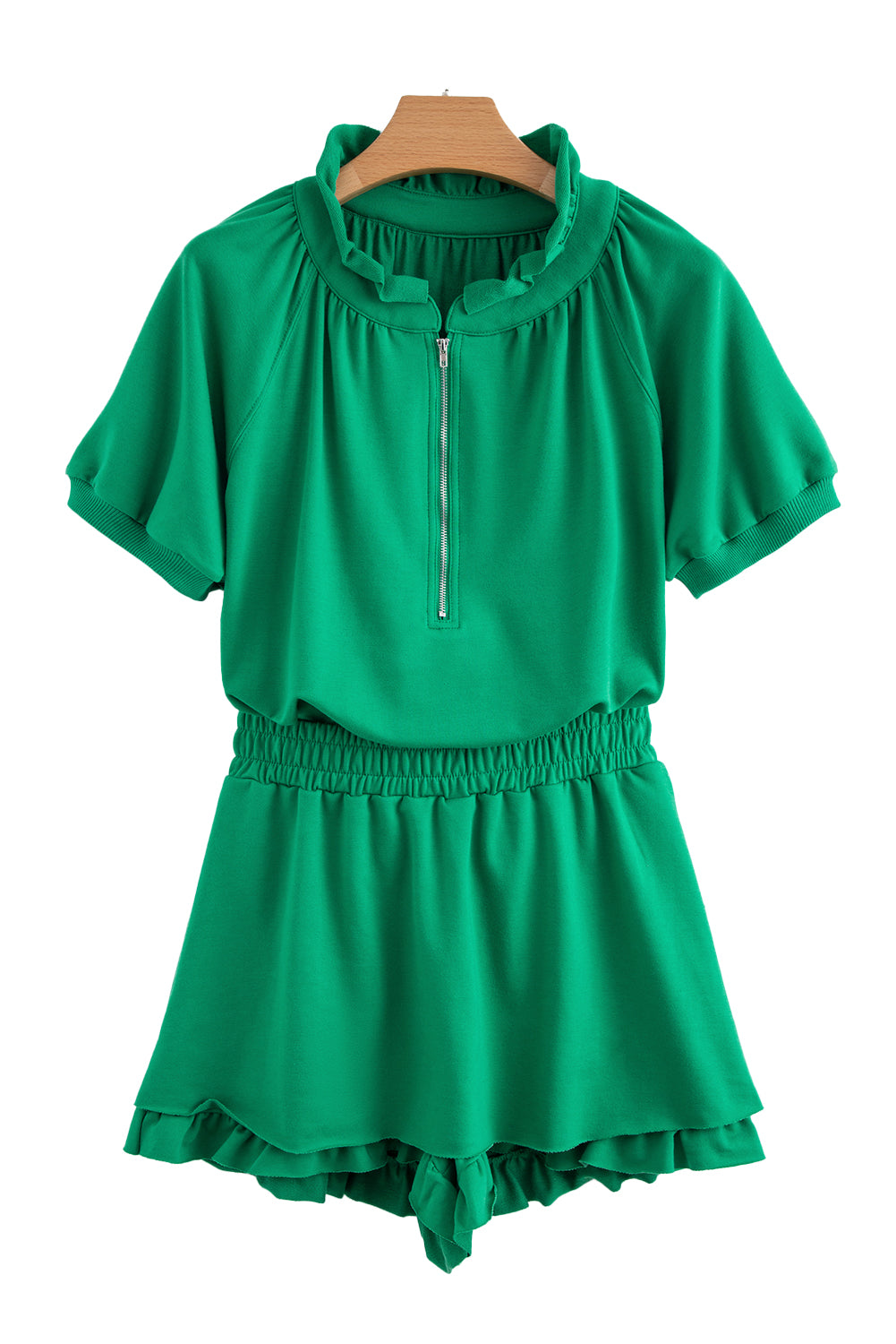 Sea Green Half Zip Puff Sleeve Top and Ruffled Shorts Set Short Sets JT's Designer Fashion