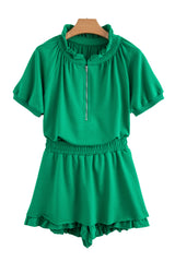 Sea Green Half Zip Puff Sleeve Top and Ruffled Shorts Set Short Sets JT's Designer Fashion