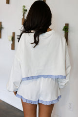 White Plaid Ruffled Patchwork Drop Shoulder Pullover and Drawstring Elastic Waist Shorts Matching Set Short Sets JT's Designer Fashion