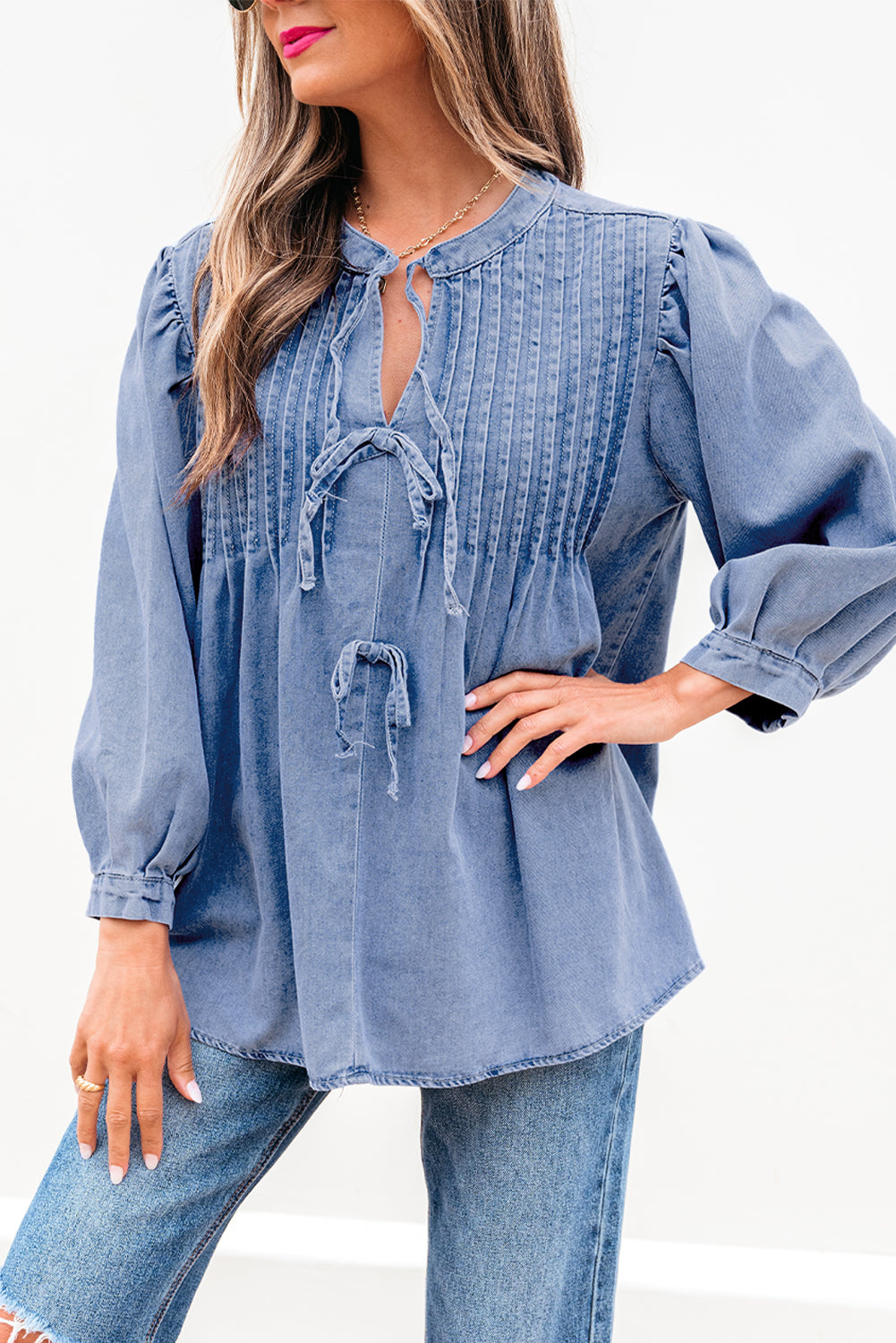 Myosotis Denim Front Pintuck Bow Tie Puff Sleeve Top Blouses & Shirts JT's Designer Fashion