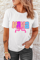 White MAMA Checkered Bow Knot Print Crewneck T Shirt Graphic Tees JT's Designer Fashion