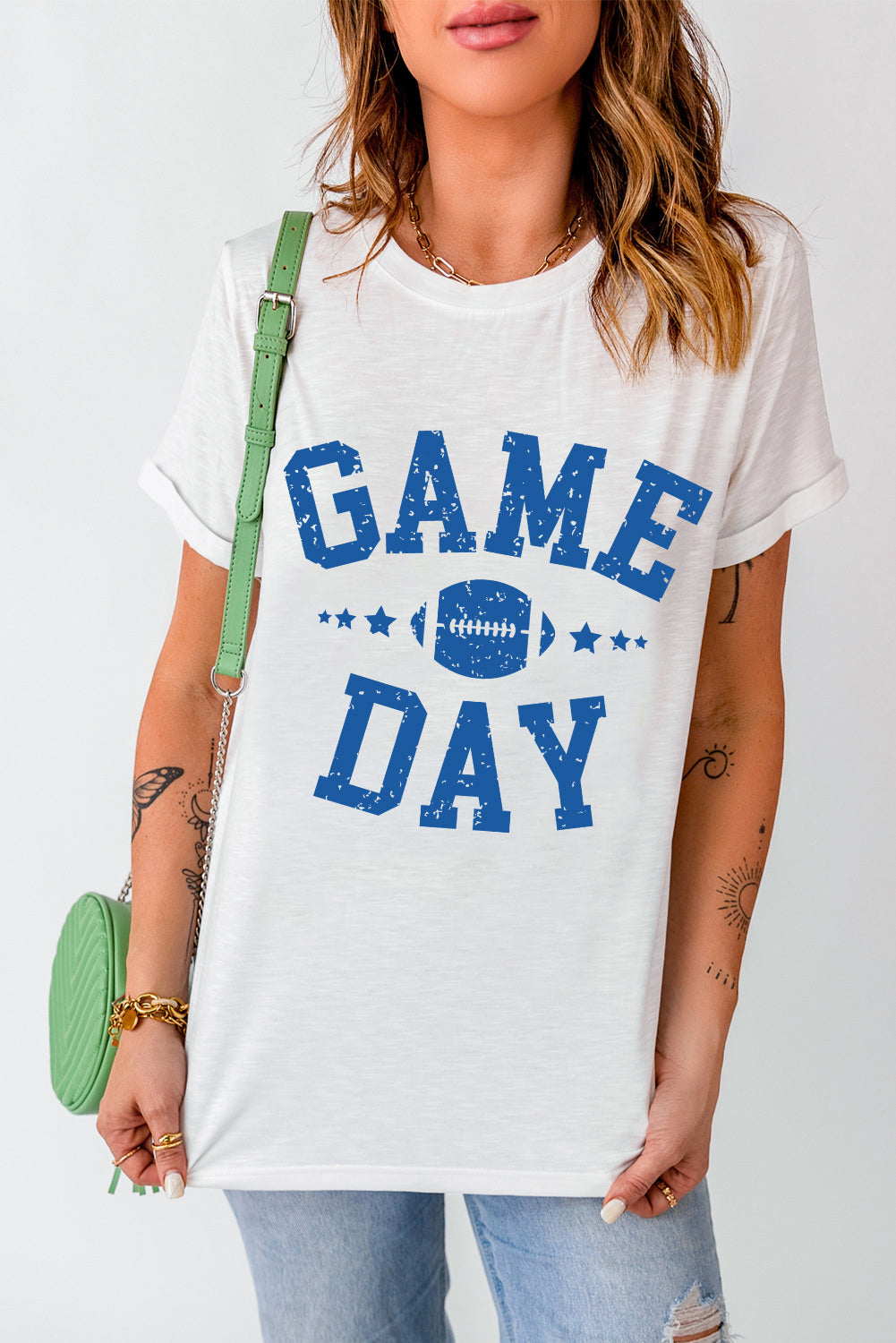 White GAME DAY Rugby Football Graphic Crewneck T Shirt Graphic Tees JT's Designer Fashion
