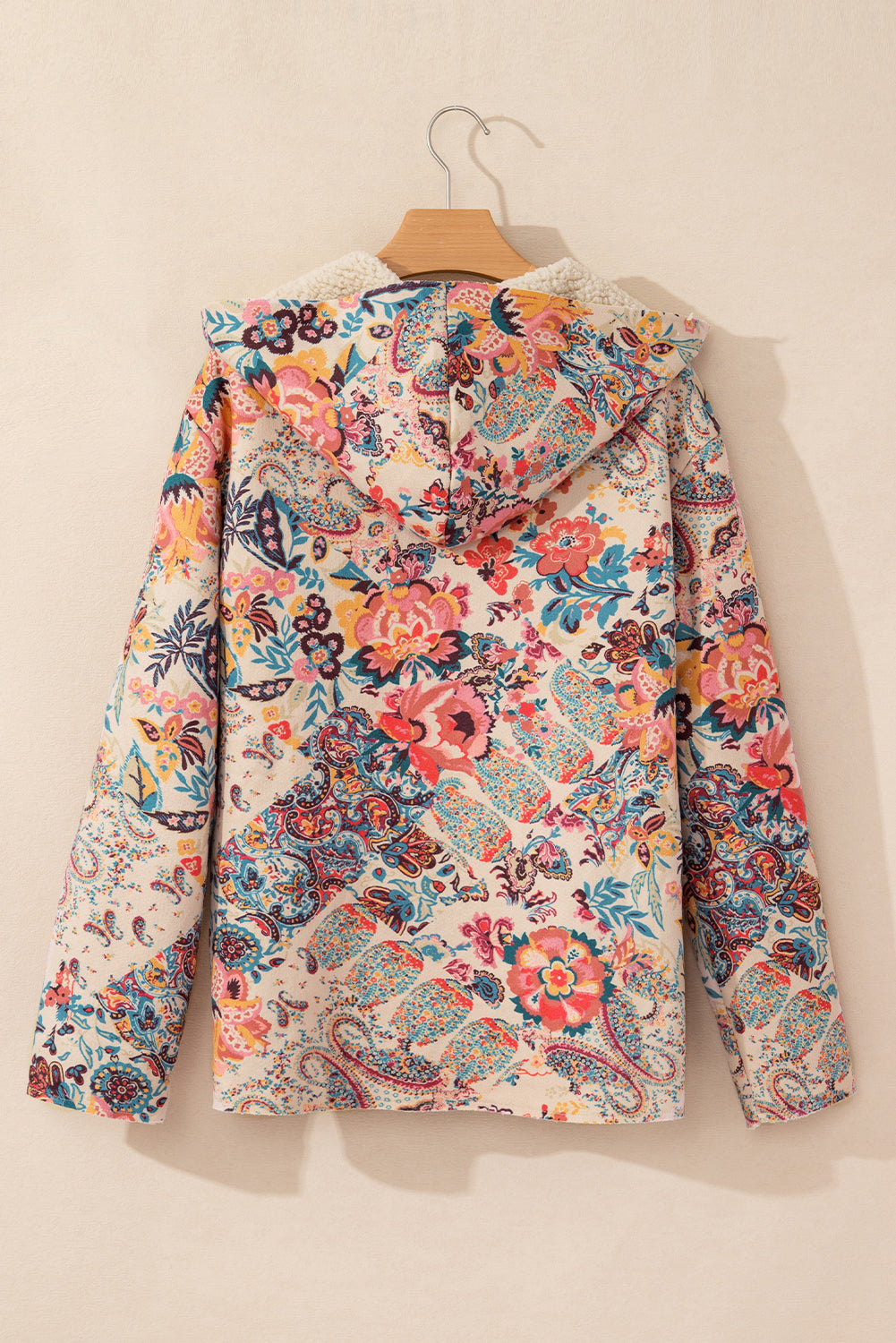 Beige Vintage Paisley Floral Printed Sherpa Lined Hooded Jacket Jackets JT's Designer Fashion