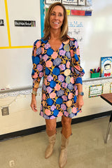 Navy Blue Hydrangea Floral Print Bishop Sleeve V Neck Shift Dress Floral Dresses JT's Designer Fashion