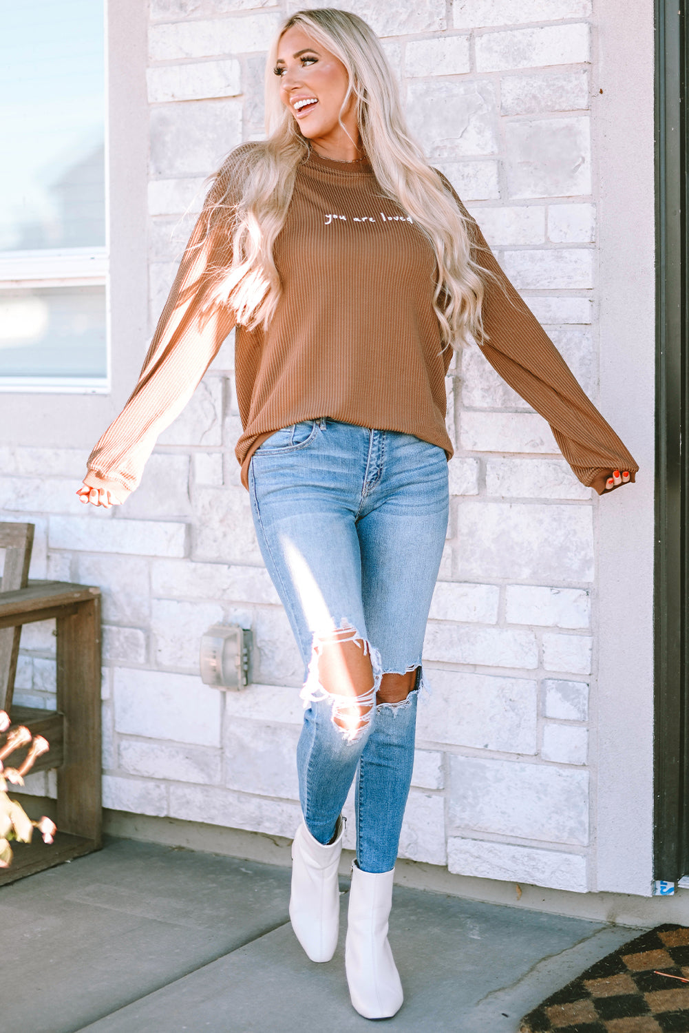 Khaki You Are Loved Print Corduroy Sweatshirt Sweatshirts & Hoodies JT's Designer Fashion