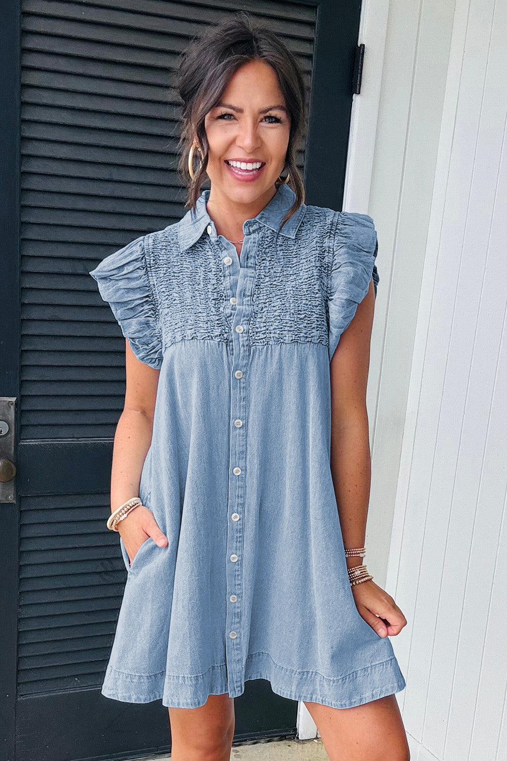 Beau Blue Flutter Sleeve Shirred Detail Button Up Denim Mini Dress Mini Dresses JT's Designer Fashion
