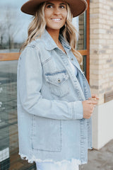 Sky Blue Flap Pocket Buttoned Raw Hem Denim Jacket Denim Jackets JT's Designer Fashion