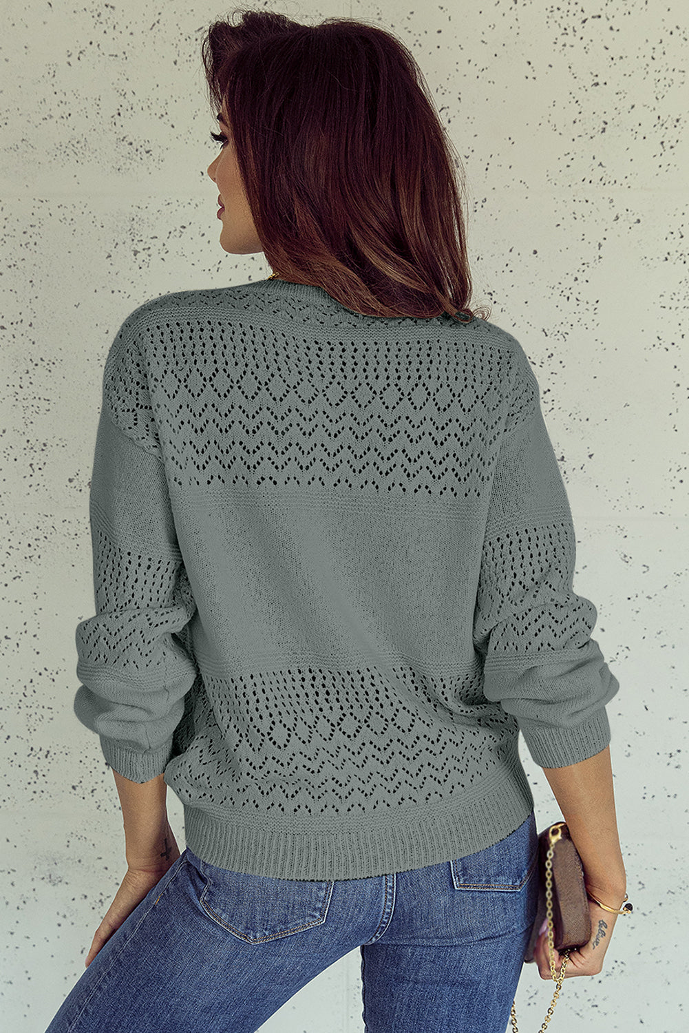 Mist Green Eyelet Pattern Detail V Neck Drop Shoulder Sweater Sweaters JT's Designer Fashion