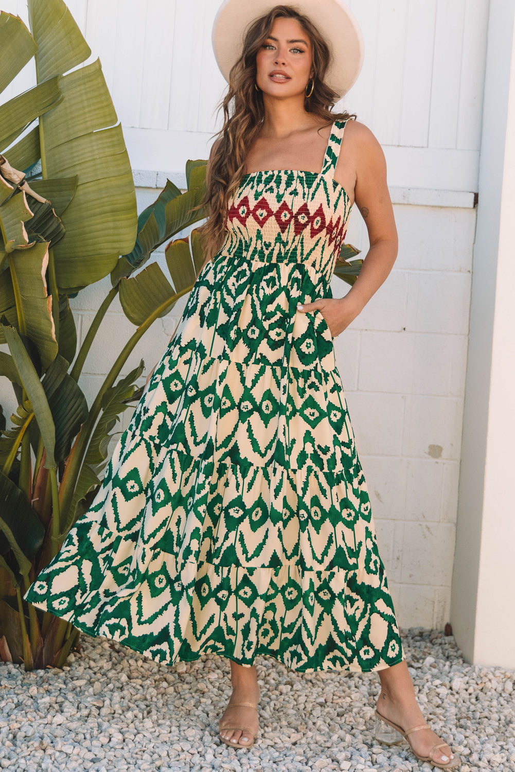 Green Western Aztec Shirred A-line Sleeveless Long Dress Green 100%Polyester Maxi Dresses JT's Designer Fashion