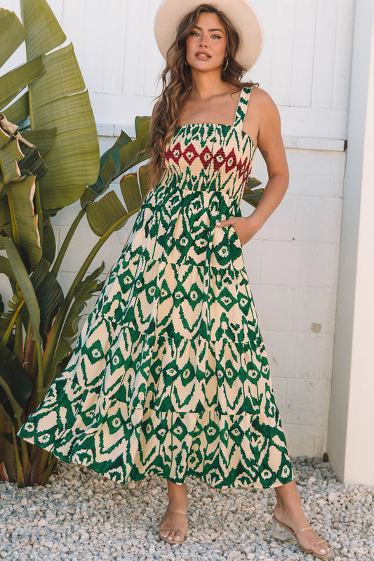 Green Western Aztec Shirred A-line Sleeveless Long Dress Green 100%Polyester Maxi Dresses JT's Designer Fashion