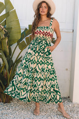 Green Western Aztec Shirred A-line Sleeveless Long Dress Green 100%Polyester Maxi Dresses JT's Designer Fashion