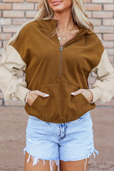 Chestnut Color Block Half Zip Kangaroo Pocketed Hoodie Sweatshirts & Hoodies JT's Designer Fashion