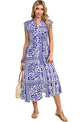 Dirty blue Shirred Waist V Neck Sleeveless Floral Print Long Dress Dresses JT's Designer Fashion