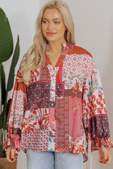 Red Boho Geometric Mixed Print Patchwork Bubble Sleeve Shirt Blouses & Shirts JT's Designer Fashion