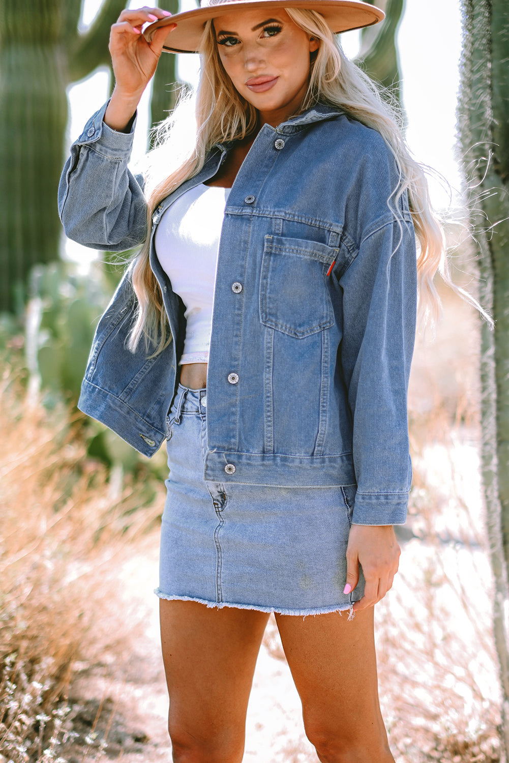 Wild Wind Washed Oversize Pocketed Denim Jacket Denim Jackets JT's Designer Fashion