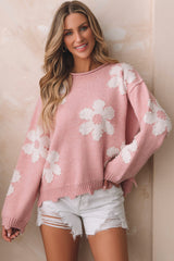 Multicolour Pearl Beaded Floral Drop Shoulder Sweater Sweaters JT's Designer Fashion
