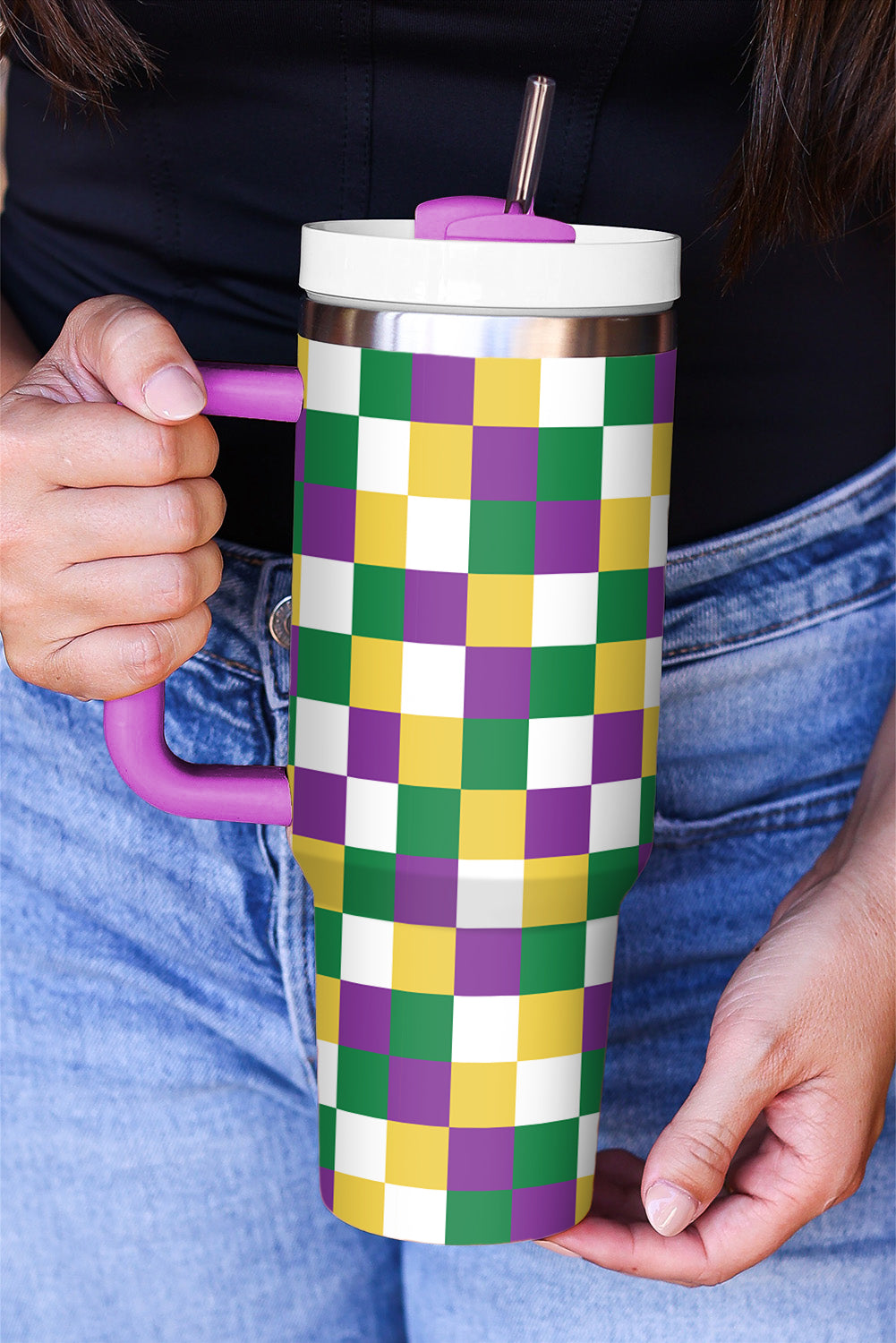 Tillandsia Purple Checkered Print Handle Large Vacuum Cup 40OZ Tumblers JT's Designer Fashion
