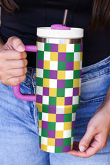 Tillandsia Purple Checkered Print Handle Large Vacuum Cup 40OZ Tumblers JT's Designer Fashion