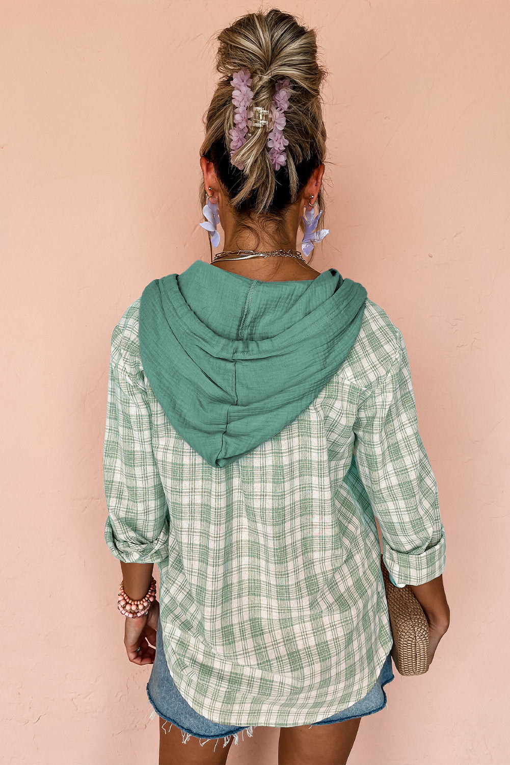 Green Checkered Print Loose Fit Buttoned Hooded Shacket Plaid Shackets JT's Designer Fashion