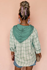 Green Checkered Print Loose Fit Buttoned Hooded Shacket Plaid Shackets JT's Designer Fashion
