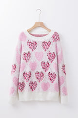 Pink Heart Leopard Print Pearled Ribbed Trim Fuzzy Sweater Sweaters JT's Designer Fashion