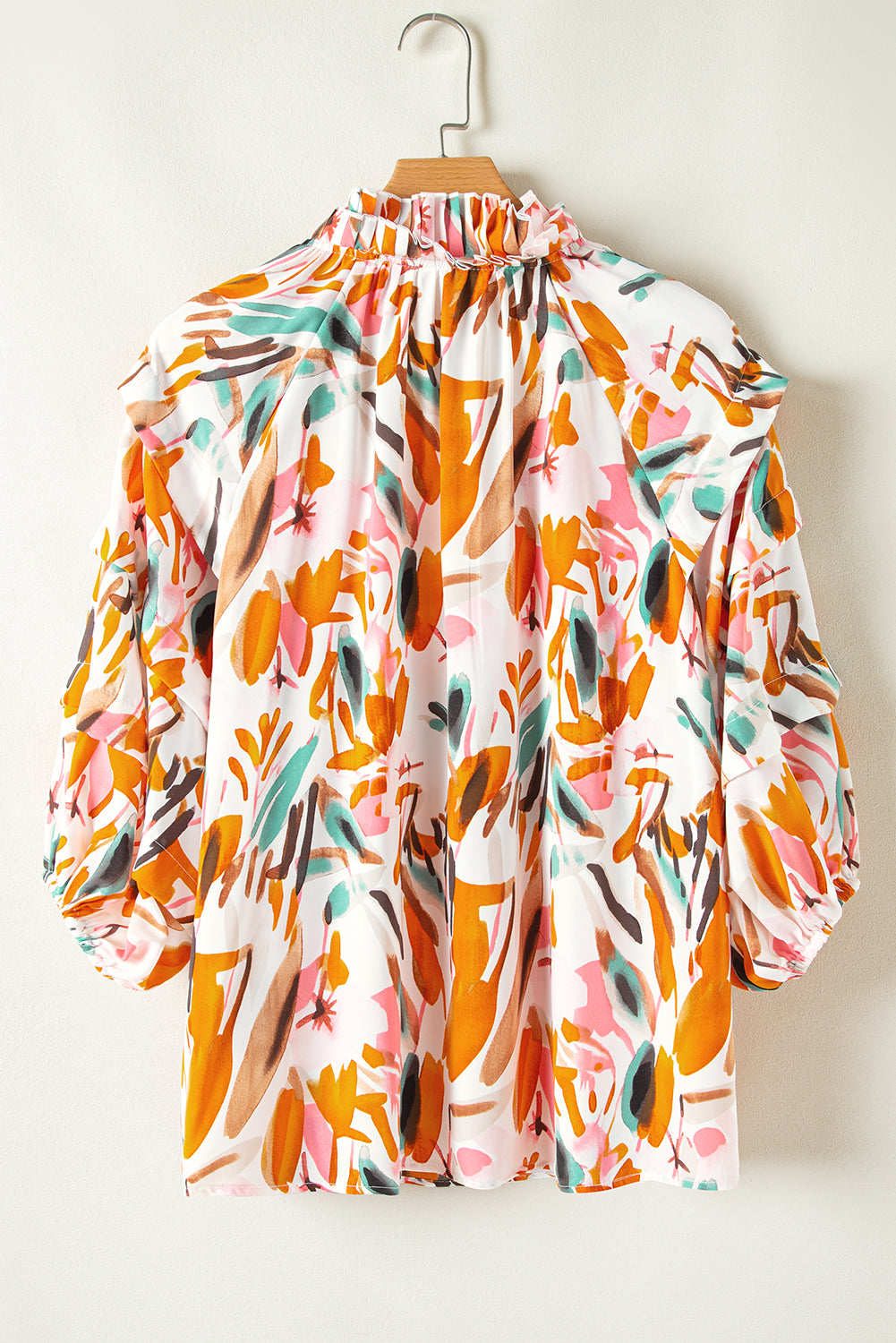 Yellow Abstract Print Drawstring Frilled V Neck 3/4 Sleeve Blouse Blouses & Shirts JT's Designer Fashion