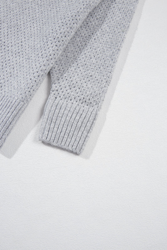 Light Grey Loose Eyelet V Neck Drop Shoulder Sweater Sweaters JT's Designer Fashion