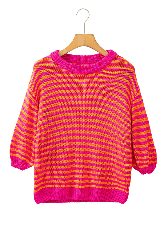 Rose Stripe 3/4 Puff Sleeve Drop Shoulder Sweater Sweaters JT's Designer Fashion