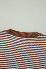 Brown Stripe Geometric Textured Drop Shoulder Sweater Sweaters JT's Designer Fashion