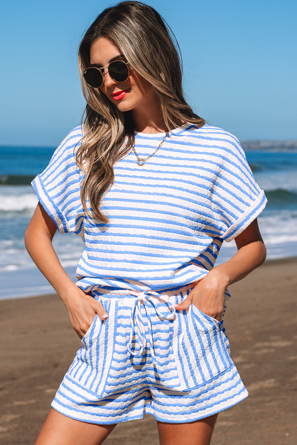 Sky Blue Stripe Knitted Short Sleeve Top and Drawstring Shorts Set Sky Blue Stripe 85%Polyester+10%Viscose+5%Elastane Short Sets JT's Designer Fashion