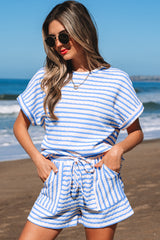 Sky Blue Stripe Knitted Short Sleeve Top and Drawstring Shorts Set Sky Blue Stripe 85%Polyester+10%Viscose+5%Elastane Short Sets JT's Designer Fashion