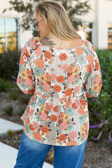 Khaki Plus Size Flower Print Square Neck Peplum Blouse Plus Size Blouses & Shirts JT's Designer Fashion