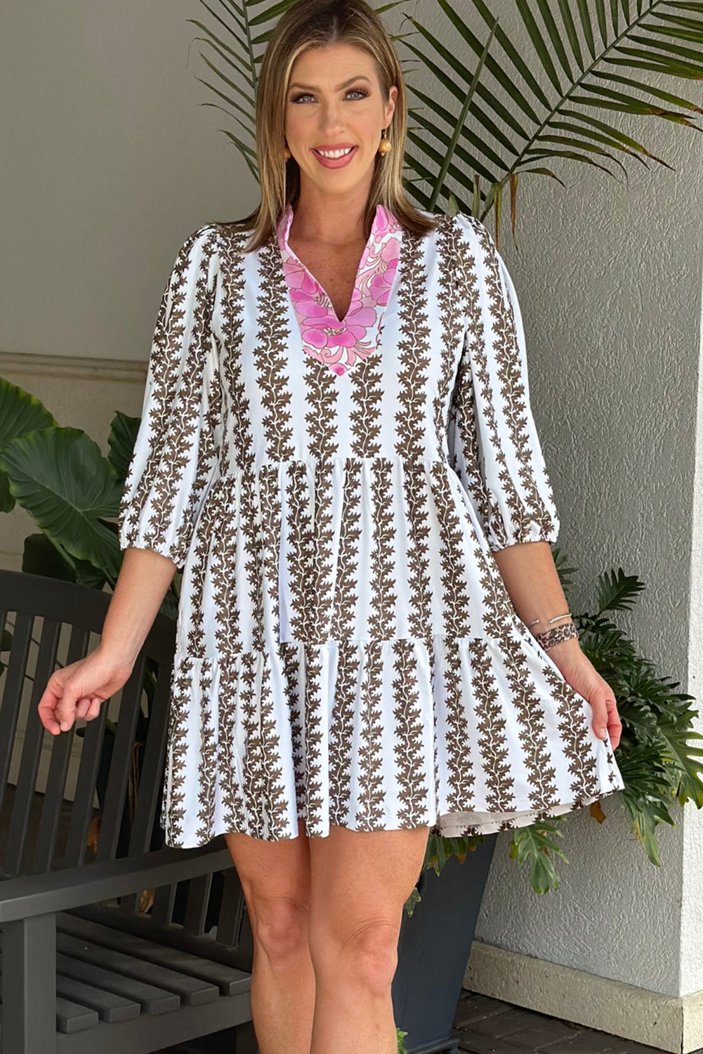 Black Contrast Floral V Neck Printed Bracelet Sleeve Dress Mini Dresses JT's Designer Fashion