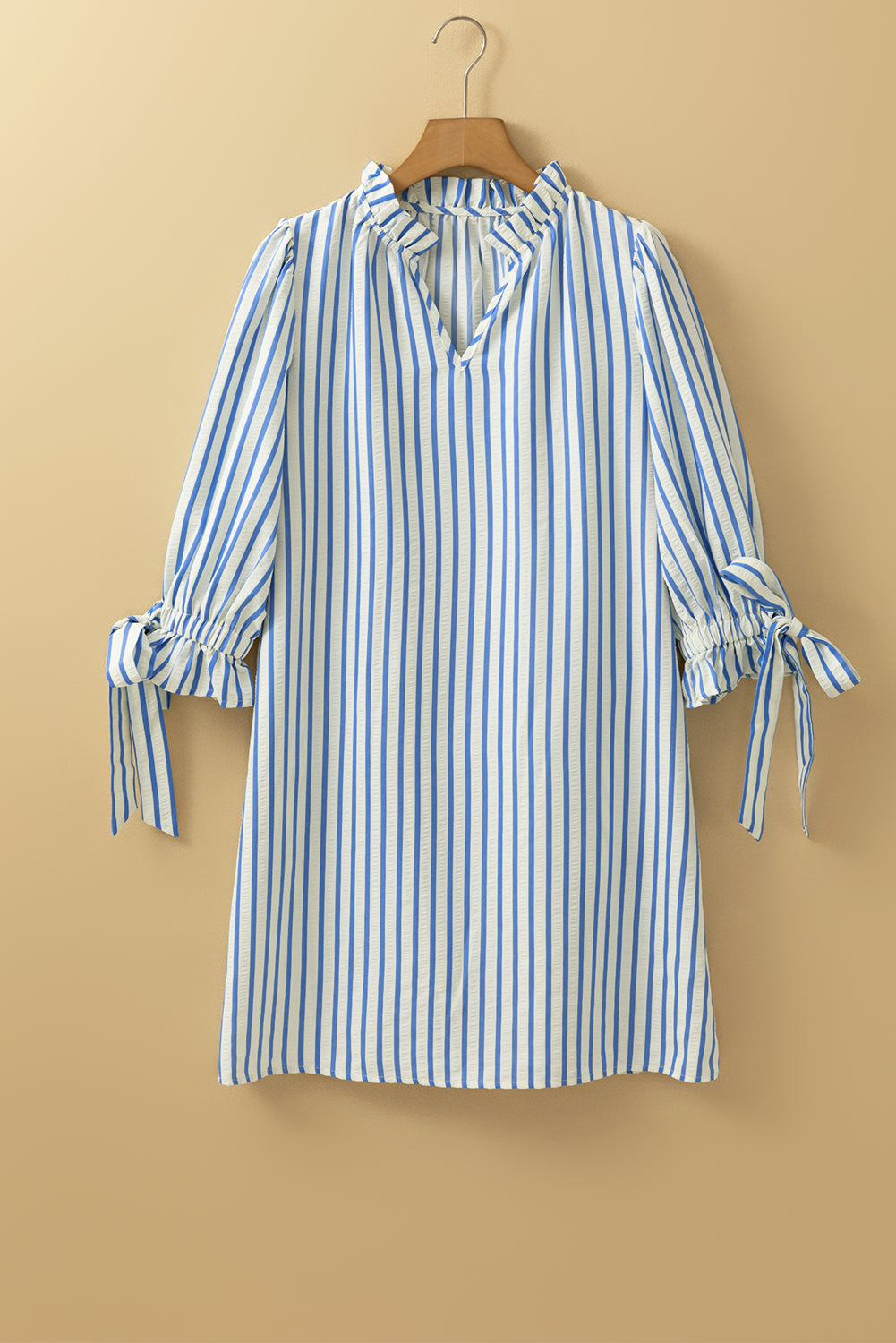Sky Blue Stripe Knotted Bracelet Sleeve Notched Neck Shift Mini Dress Mini Dresses JT's Designer Fashion