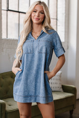 Beau Blue Short Sleeve Collared Patched Pocket Denim Mini Dress Mini Dresses JT's Designer Fashion