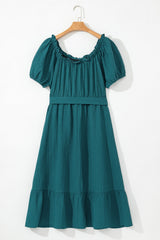 Skobeloff Frilled U Neck Puff Sleeve Belted Ruffle Hem Plus Size Midi Dress Plus Size Mini Dresses JT's Designer Fashion
