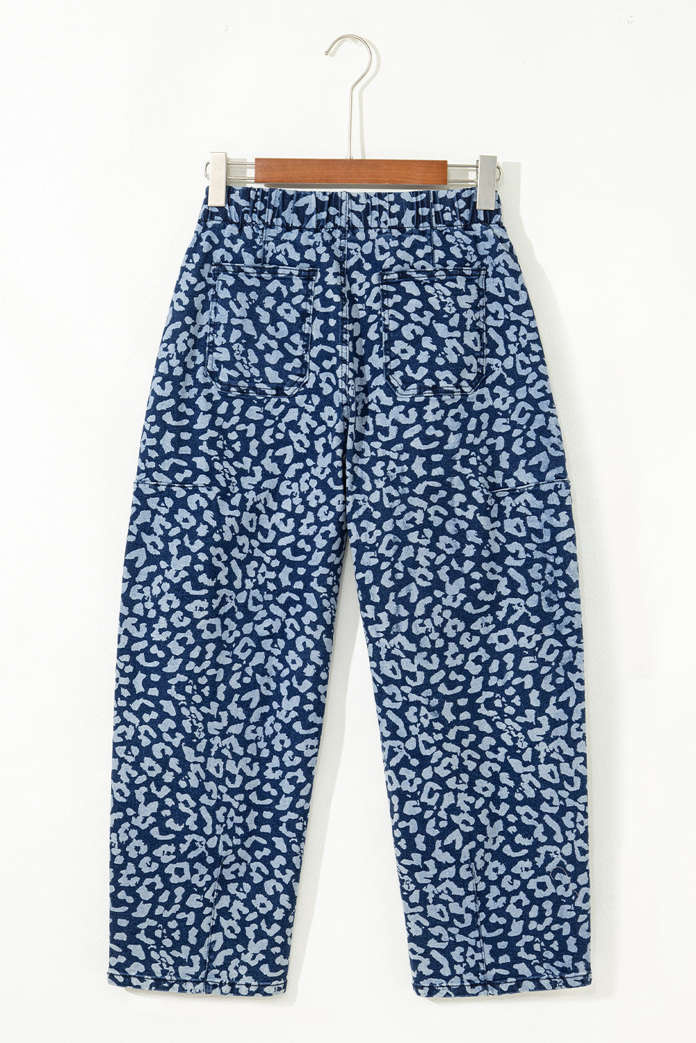 Blue Leopard Printed Drawstring Elastic Waistband Pocketed Wide Leg Jeans Jeans JT's Designer Fashion