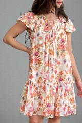 Apricot Floral Geometric Print Ruffled Trim Flutter Sleeve Mini Dress Floral Dresses JT's Designer Fashion
