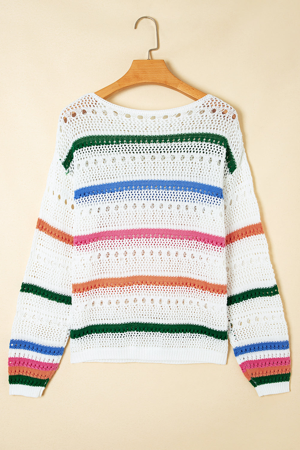 White Color Block Striped Pointelle Knit Sweater Sweaters JT's Designer Fashion