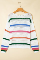 White Color Block Striped Pointelle Knit Sweater Sweaters JT's Designer Fashion