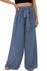 Sail Blue High Waisted Tie Front Side Pocket Wide Leg Flowy Casual Pants Pants & Culotte JT's Designer Fashion