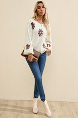 White Colorblock Floral Pattern Round Neck Sweater Sweaters JT's Designer Fashion