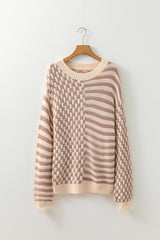 Khaki Stripe Checkerboard Drop Shoulder Balloon Sleeve Sweater Sweaters JT's Designer Fashion