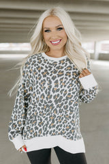 White Printed Solid Trim Leopard Print Top Long Sleeve Tops JT's Designer Fashion