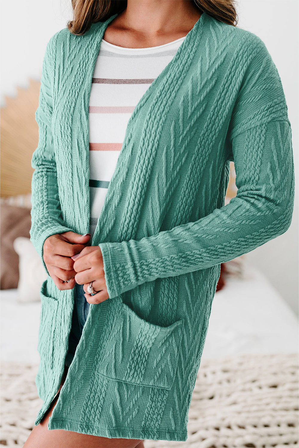 Canton Solid Textured Open Front Cardigan with Pocket Canton 97%Polyester+3%Elastane Cardigans JT's Designer Fashion