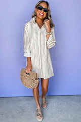 Khaki Stripe Long Sleeve Button Up Mini Shirt Dress Mini Dresses JT's Designer Fashion